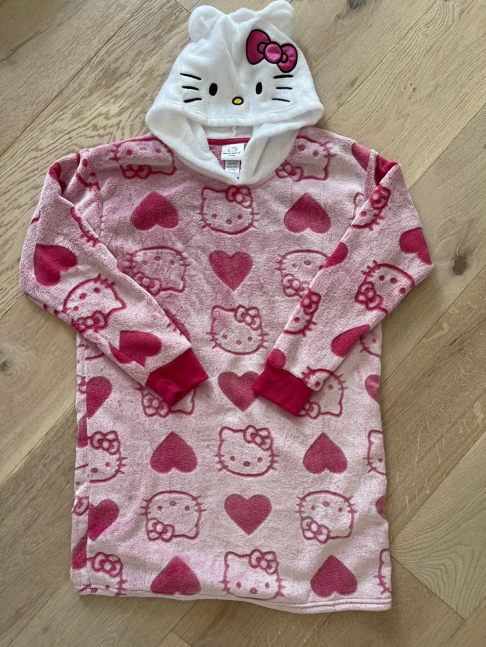 Hello Kitty Pink & White Hooded Fleece Nightshirt with Heart Print